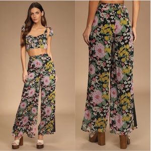 Lulu's Black Floral Wide-Leg Pants with Pink & Yellow Blooms